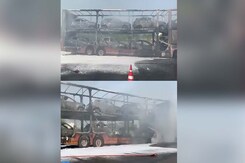 8 Cars Charred After Container Truck Carrying Them Catches Fire In Telangana 8 Cars Charred After Container Truck Carrying Them Catches Fire In Telangana