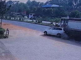Video: Speeding Truck Rams Reversing Car, Drags It Along, Then Topples Video: Speeding Truck Rams Reversing Car, Drags It Along, Then Topples