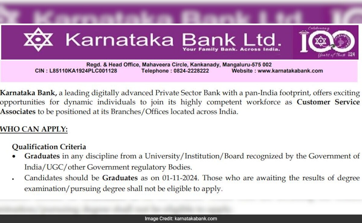 Karnataka Bank Recruitment 2024: Registration For Customer Service 