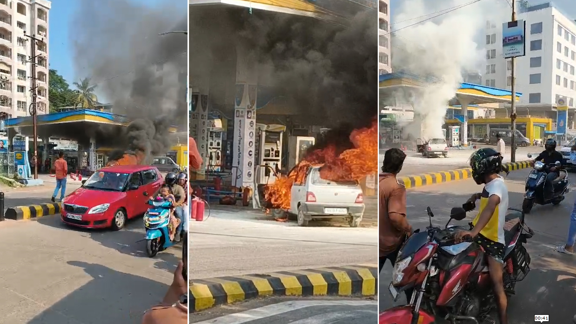 Maruti 800 Car Catches Fire At Mangaluru Petrol Pump