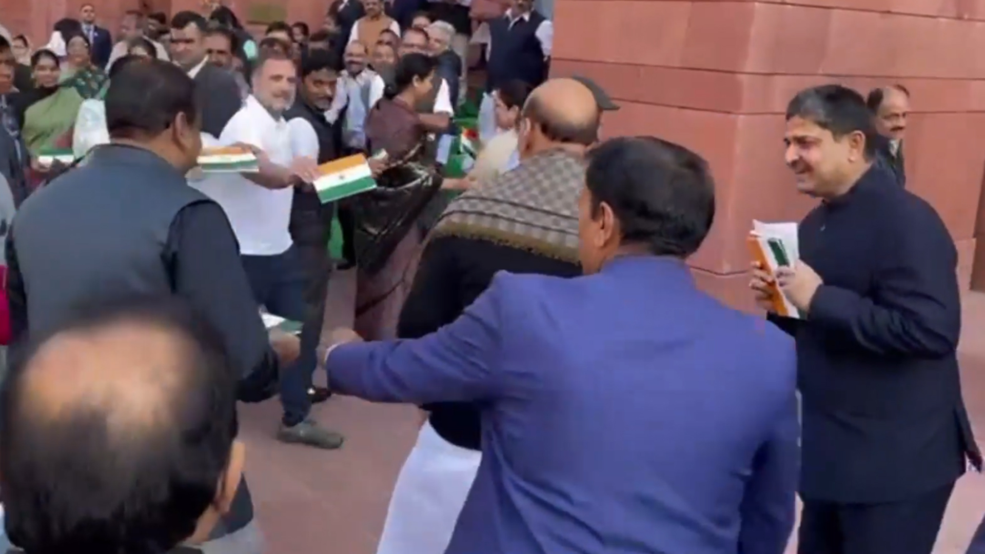 Watch: Rahul Gandhi Offers Rose, Tricolor To Rajnath Singh Outside Parliament