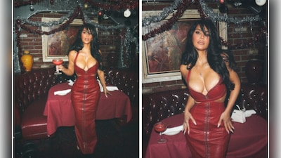 Kim Kardashian's Red Leather Dress Is Definitely On Santa's Nice List Kim Kardashian's Red Leather Dress Is Definitely On Santa's Nice List