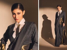 Mouni Roy Adds Modern Twist To Her Traditional Black And White Pinstriped <i>Saree</i>