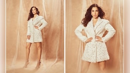 Sophie Choudry Keeps It Far From Boring In A Pearl-Embellished Blazer Dress
