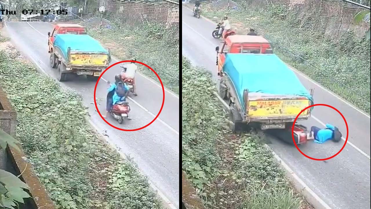 Woman On Scooter Narrowly Escapes Getting Crushed As Truck Loses Control