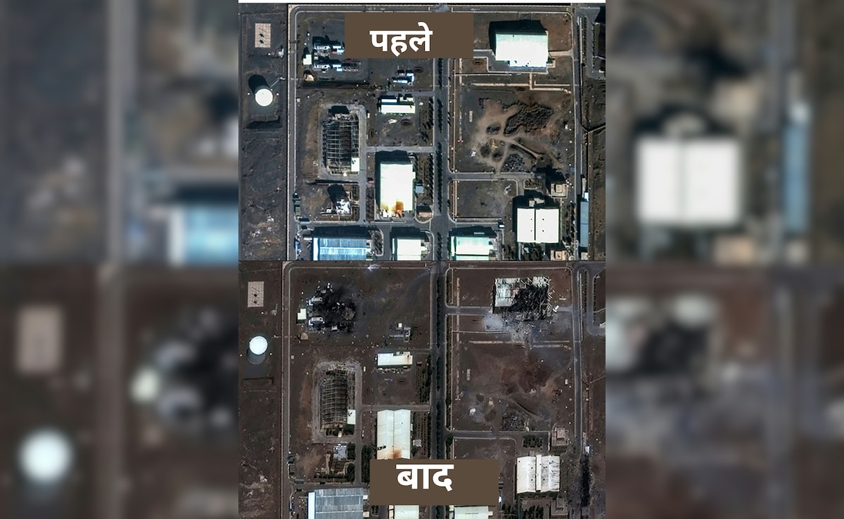 14 जून को नटानज़ परमाणु फैसिलिटी पर हमले के पहले और बाद की सेटेलाइट इमेज