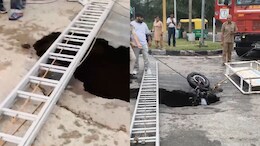 Bike Falls Into Ditch After Chandigarh Road Caves In