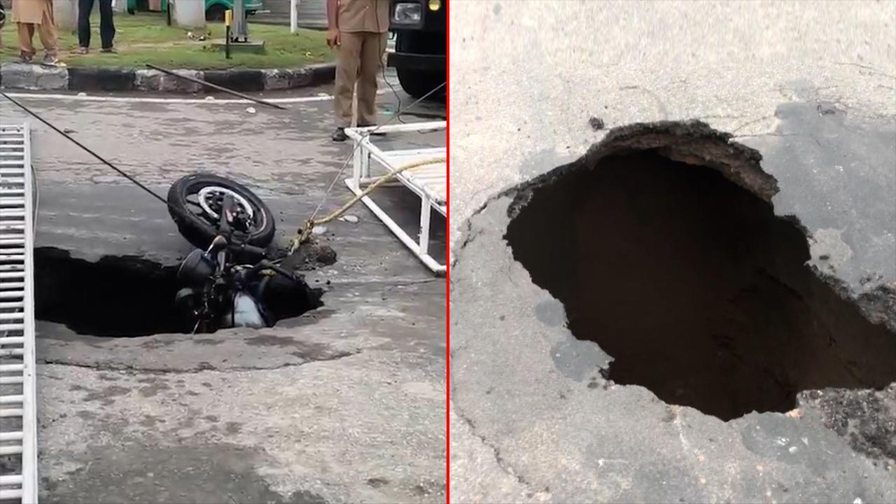 Bike Falls Into Sinkhole After Chandigarh Road Caves In