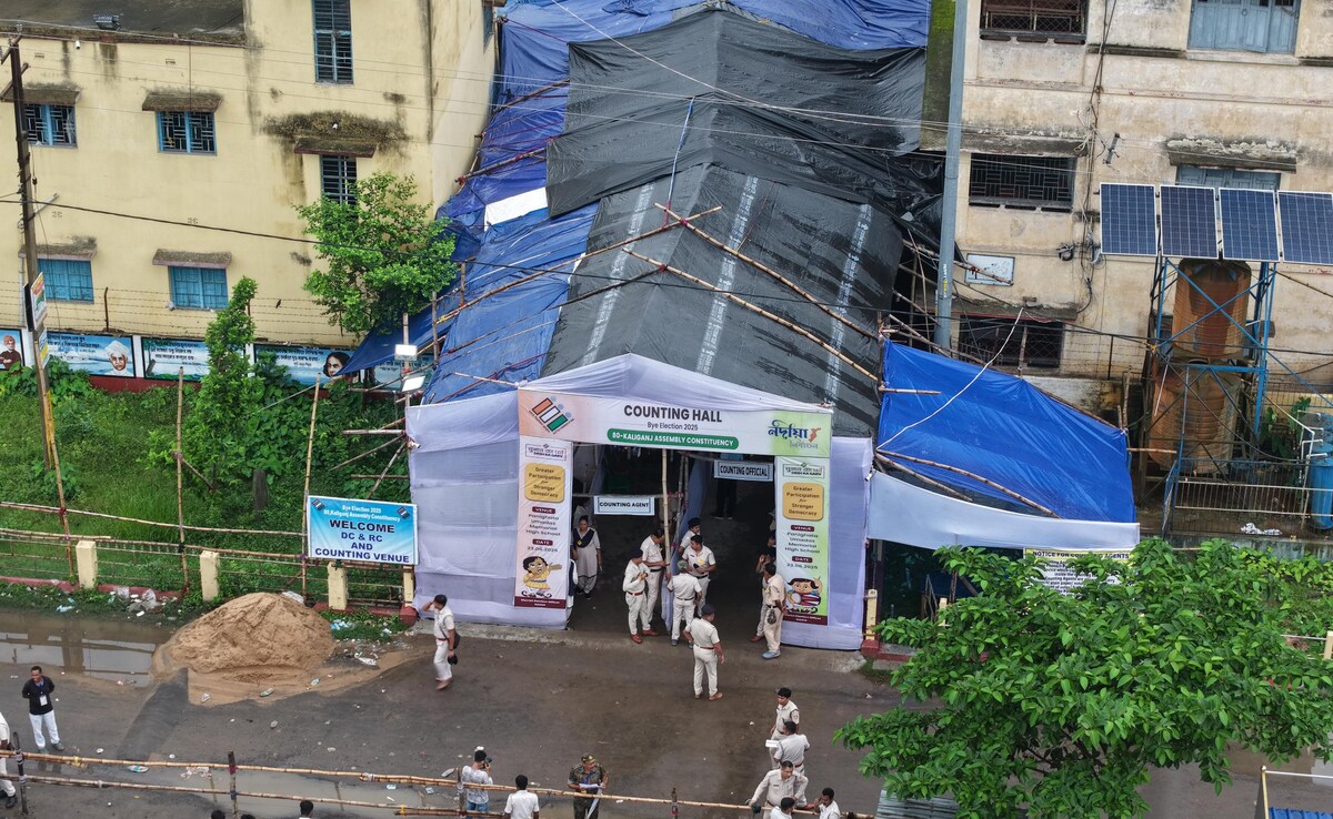 An aerial view of a counting station as votes are being counted for by-election to Kaliganj seat in West Bengal. 