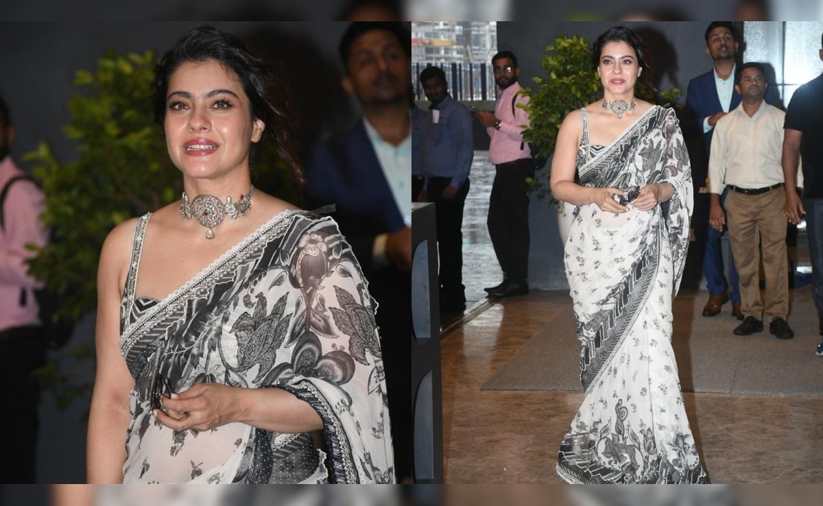 Kajol in a black and white saree at Maas promotions. Photo: Varinder Chawla