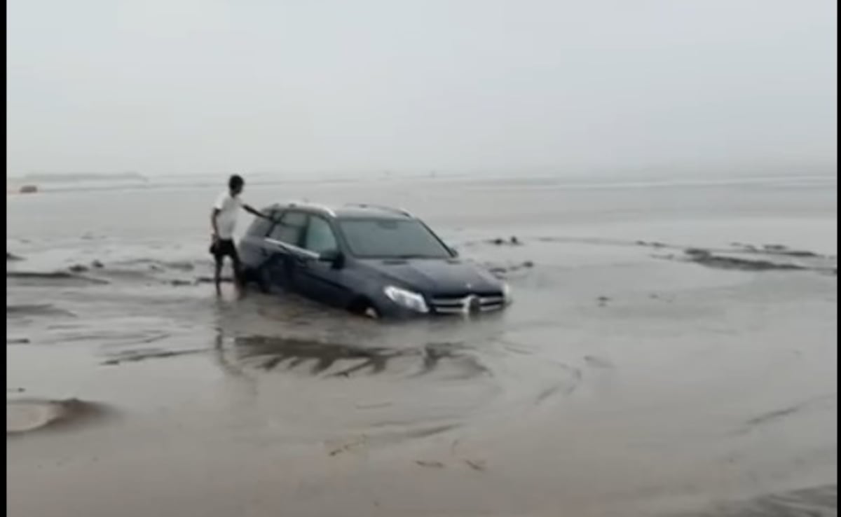 Video: Mercedes Stuck On Beach In Surat After Stunt Goes Wrong