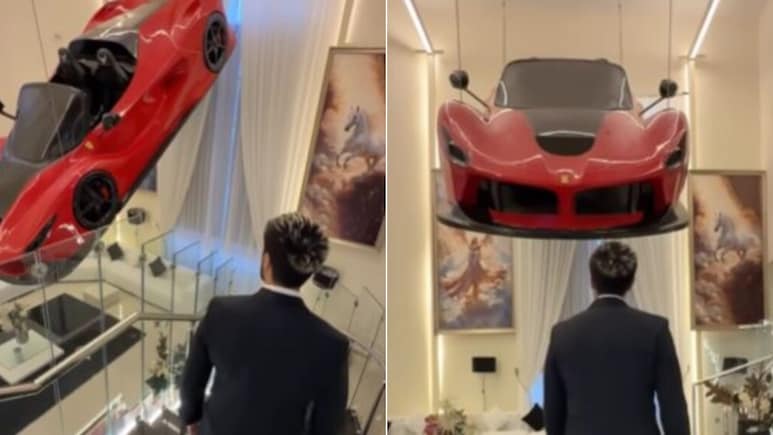 शौक या दिखावा ! लिविंग रूम में झूमर की जगह लटका दी लाल Ferrari कार, Video देख यूजर्स बोले- ये क्या बकवास है