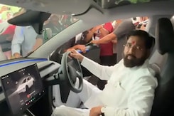 Eknath Shinde Drives Tesla Outside Vidhan Bhavan In Mumbai Eknath Shinde Drives Tesla Outside Vidhan Bhavan In Mumbai