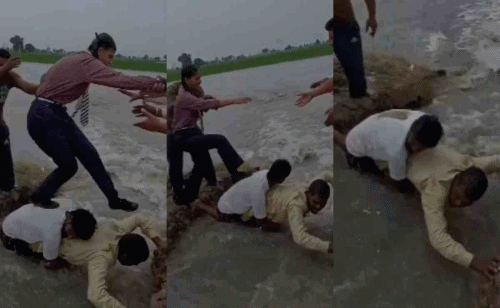 बारिश से सड़क धंसी, खतरा बढ़ा... फिर 2 हीरो बन गए बच्चों की ढाल, पीठ को बना दिया पुल, छात्रों को कराया पार