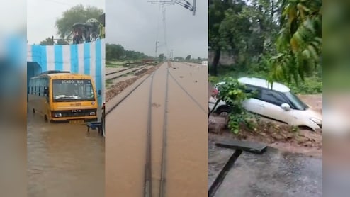 Rajasthan: पटरियों पर पानी तो कहीं अंडरब्रिज में फंसी बस, पानी में बह गई कार; मूसलाधार बारिश में चौंकाने वाली तस्वीरें
