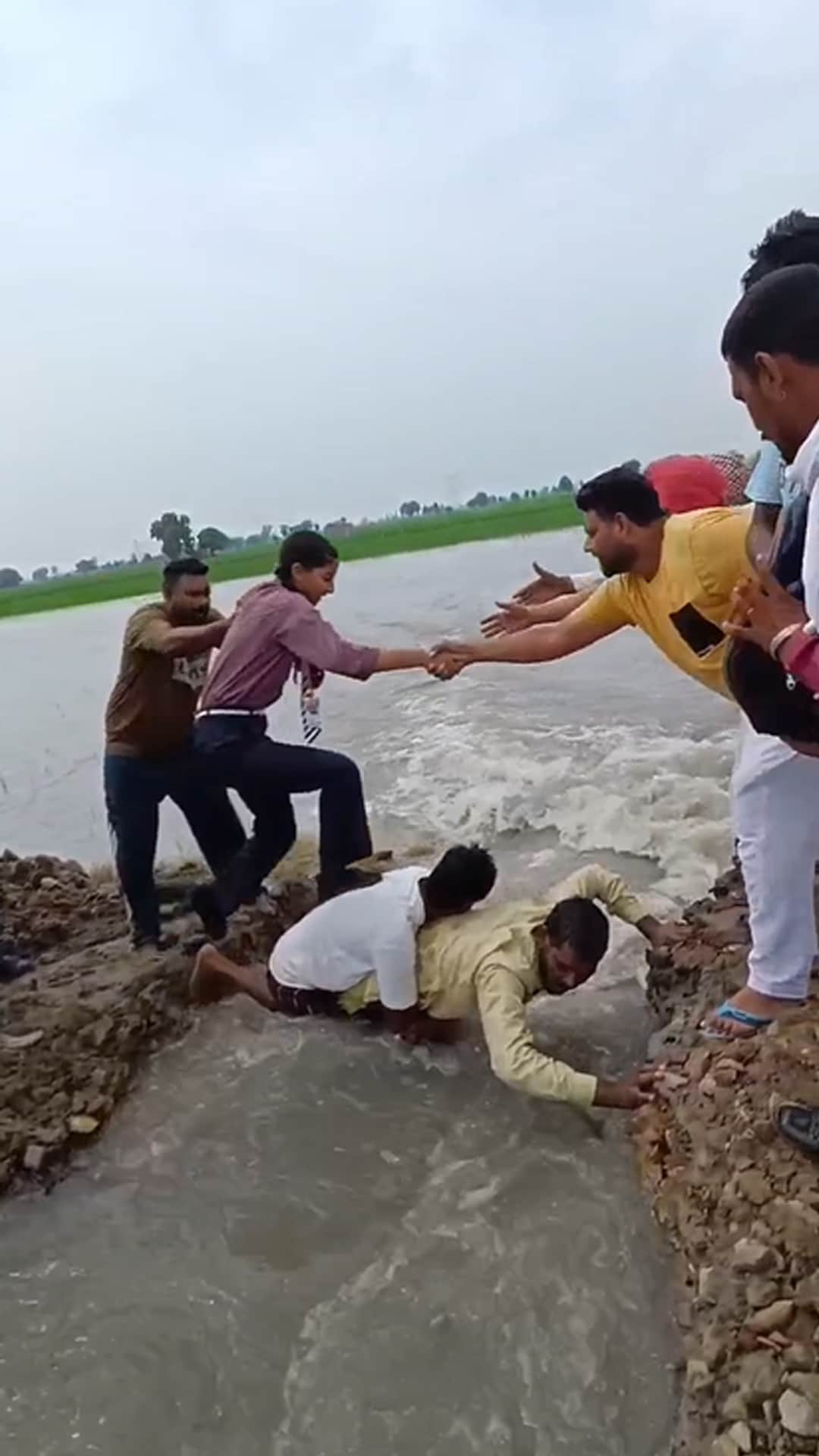 Video: 2 Men Form Human Bridge, Help 35 Children Cross Flooded Field In Punjab