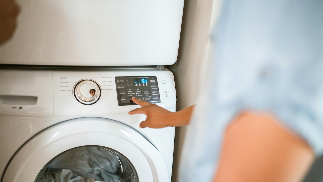Energy-efficient washing machine fits well in a contemporary home setting.