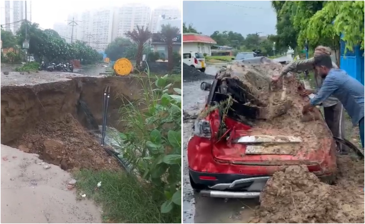 तेज बारिश से गाजियाबाद में सोसायटी का बेसमेंट धंसा, गड्ढे में समाई कारें पिचकी; क्रेन से निकाली गई गाड़ियां