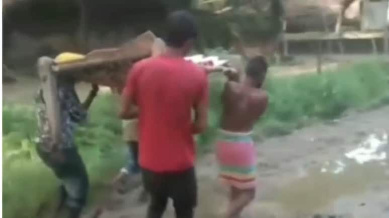 Pregnant Madhya Pradesh Woman Carried On Cot Due To Waterlogged Road Pregnant Madhya Pradesh Woman Carried On Cot Due To Waterlogged Road