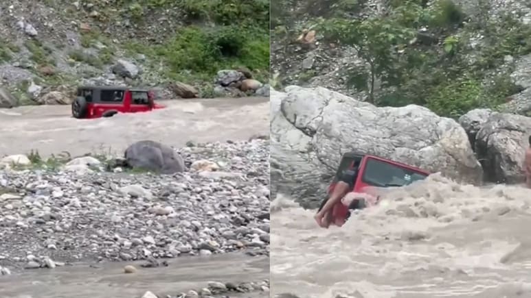 Mahindra Thar Gets Swept By River, Crane Brought To Rescue: Watch Video Mahindra Thar Gets Swept By River, Crane Brought To Rescue: Watch Video