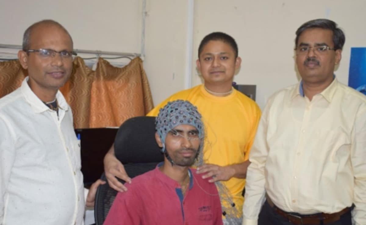 Prof. Laxmidhar Behera (far left), Dr. Ashish Gupta (Centre), and Prof. Braj Bhushan (far right) during the EEG-based music and brain experiment. Prof. Laxmidhar Behera (far left), Dr. Ashish Gupta (Centre), and Prof. Braj Bhushan (far right) during the EEG-based music and brain experiment.