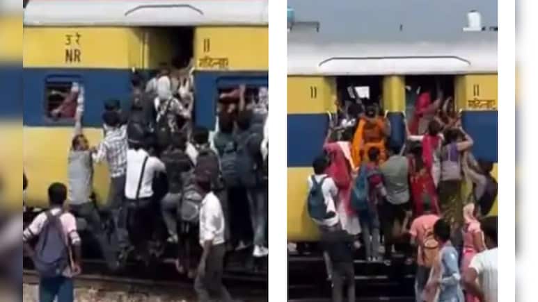 चलती ट्रेन में लटककर सफर करते दिखे लोग, खिड़की से बाहर झूलते यात्रियों का वीडियो वायरल चलती ट्रेन में लटककर सफर करते दिखे लोग, खिड़की से बाहर झूलते यात्रियों का वीडियो वायरल