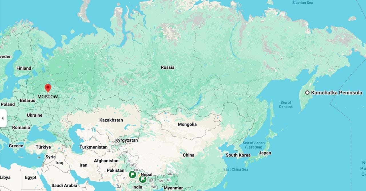 Moscow is about 6,700 kilometres from the Kamchatka Peninsula. Screengrab: Google Maps Moscow is about 6,700 kilometres from the Kamchatka Peninsula. Screengrab: Google Maps