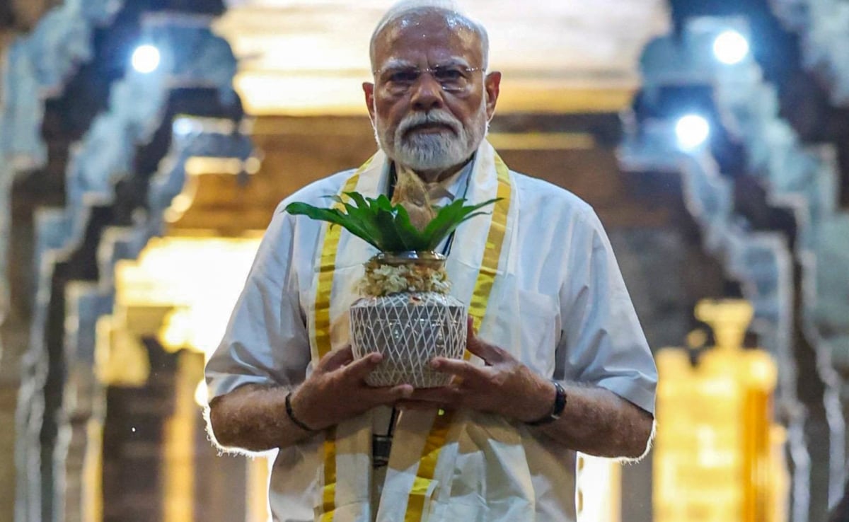 गंगैकोंडचोलपुरम के शिव मंदिर में पूजा-अर्चना करते प्रधानमंत्री नरेंद्र मोदी. गंगैकोंडचोलपुरम के शिव मंदिर में पूजा-अर्चना करते प्रधानमंत्री नरेंद्र मोदी.