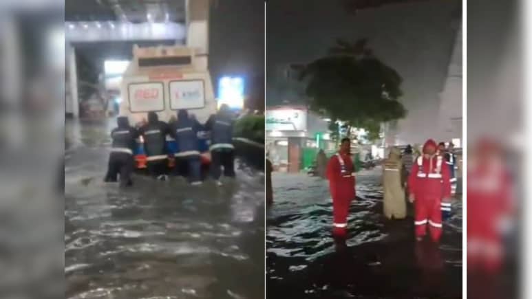 तेलंगाना में भारी बारिश बनी आफत, सड़कों पर जलभराव, एम्बुलेंस को किया गया रेस्कयू तेलंगाना में भारी बारिश बनी आफत, सड़कों पर जलभराव, एम्बुलेंस को किया गया रेस्कयू