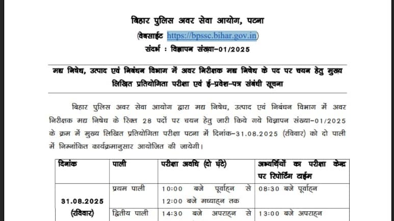 Bihar Police SI Exam Date 2025 : बिहार पुलिस सब इंस्पेक्टर परीक्षा अगस्त की इस तारीख को होगी