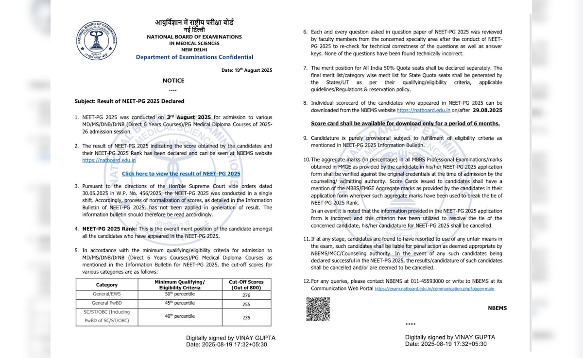 NEET PG 2025 Results Official Notification NEET PG 2025 Results Official Notification