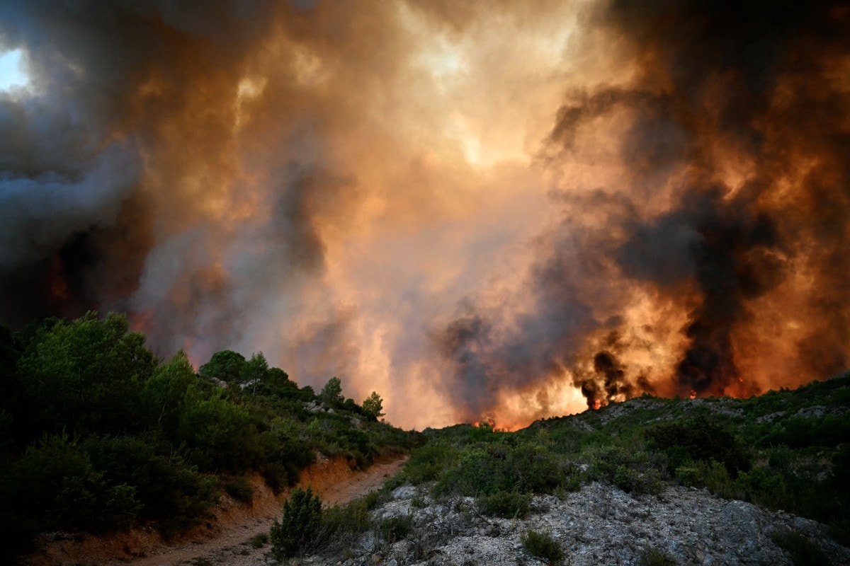 A forest is engulfed in flames as a wildfire rages near Fontjoncouse, southwestern France A forest is engulfed in flames as a wildfire rages near Fontjoncouse, southwestern France