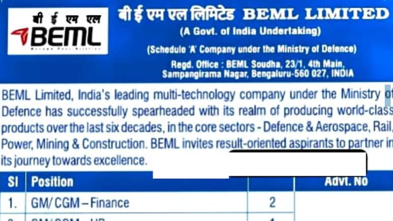 BEML Announces 682 Vacancies, Monthly Salary Up To Rs 2.6 Lakh