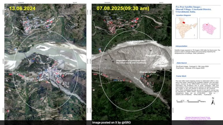 ISRO Pics Show Impact Of Floods On Uttarakhand's Dharali, Bhagirathi River ISRO Pics Show Impact Of Floods On Uttarakhand's Dharali, Bhagirathi River