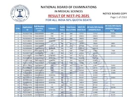 NEET PG Result 2025 : 50 % ऑल इंडिया कोटा मेरिट लिस्ट जारी, यहां चेक करें NEET PG Result 2025 : 50 % ऑल इंडिया कोटा मेरिट लिस्ट जारी, यहां चेक करें