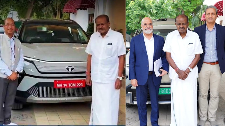 Union Minister H.D. Kumaraswamy Test Drives Tata Harrier.ev, Kia Carens Clavis EV Union Minister H.D. Kumaraswamy Test Drives Tata Harrier.ev, Kia Carens Clavis EV