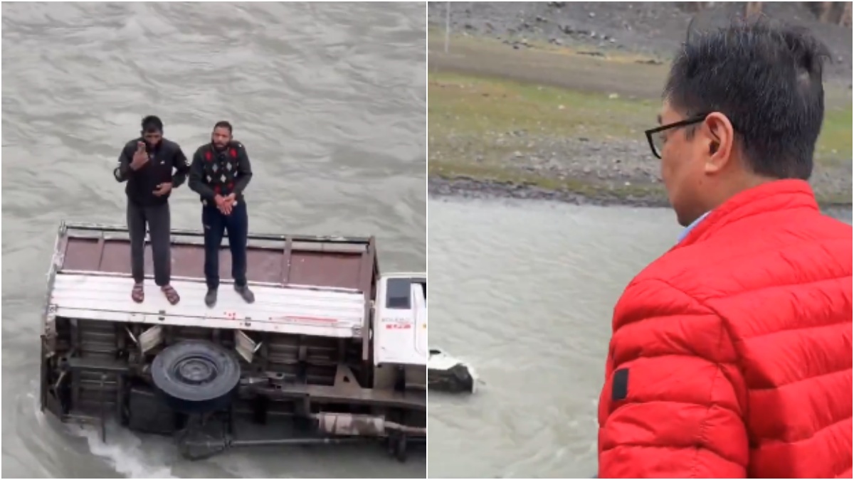 VIDEO: पहाड़ से नीचे नदी में जा गिरा पिकअप व्हीकल, बीचोबीच फंसे युवक, किरेन रिजिजू ने रुककर बचाई जान
