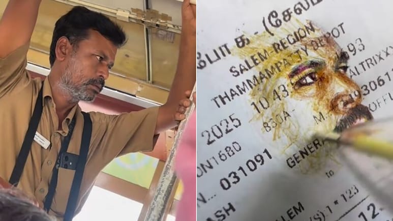 चलती बस में टिकट पर हूबहू उतार दी कंडक्टर की फोटो, पोट्रेट देख चेहरे पर आई खुशी बना देगी आपका भी दिन