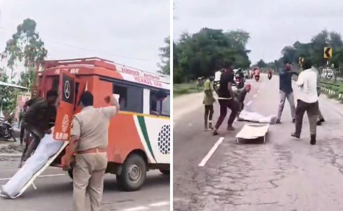 गोंडा में बीच सड़क एंबुलेंस से गिरा शव, इंसानियत को शर्मसार करने वाला वीडियो वायरल