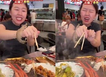 Chinese Woman Bitten By Shrimp While Trying To Eat It Alive