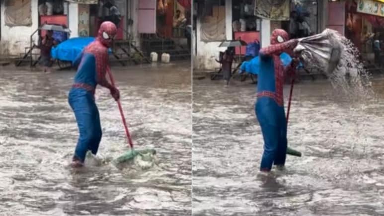 मुंबई को बचाने आया Spider-Man! सड़क पर भरे पानी में खड़े होकर किया ऐसा काम, लोग बोले- अब तुम ही रखवाले हो