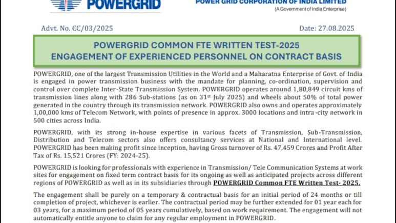 PGCIL 2025 में 1543 पदों के लिए आवेदन हुआ शुरू, यहां जानिए Eligibility और Selection process