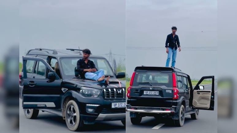 UP Man Performs Stunt, Climbs Onto Moving Scorpio, Fined Rs 30,000 UP Man Performs Stunt, Climbs Onto Moving Scorpio, Fined Rs 30,000
