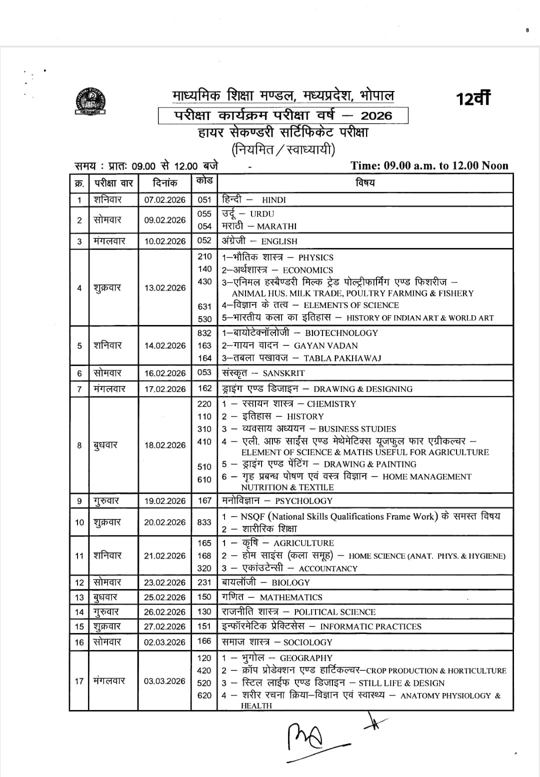 मध्य प्रदेश माध्यमिक शिक्षा मंडल द्वारा जारा किया गया टाइम टेबल मध्य प्रदेश माध्यमिक शिक्षा मंडल द्वारा जारा किया गया टाइम टेबल