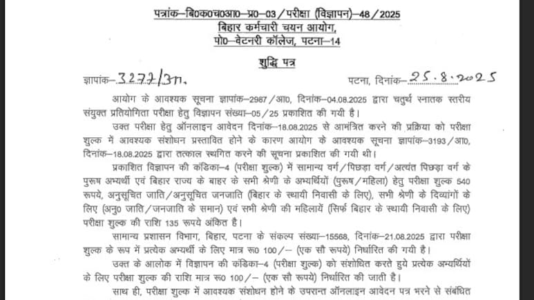 BSSC का युवाओं के लिए बड़ा तोहफा: CGL-4 की एप्लीकेशन फीस सभी के लिए सिर्फ 100