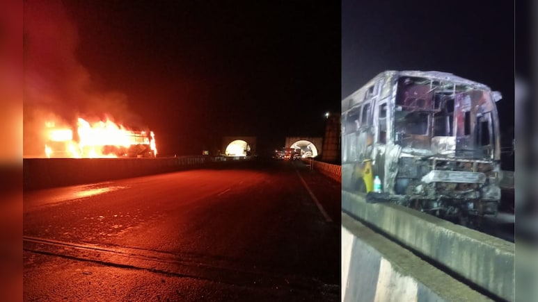 Bus Fire : कोकणात जाणाऱ्या गणेशभक्तांच्या लक्झरी बसला भीषण आग, मोठा आवाज झाला अन् बस धडाधडा पेटली Bus Fire : कोकणात जाणाऱ्या गणेशभक्तांच्या लक्झरी बसला भीषण आग, मोठा आवाज झाला अन् बस धडाधडा पेटली