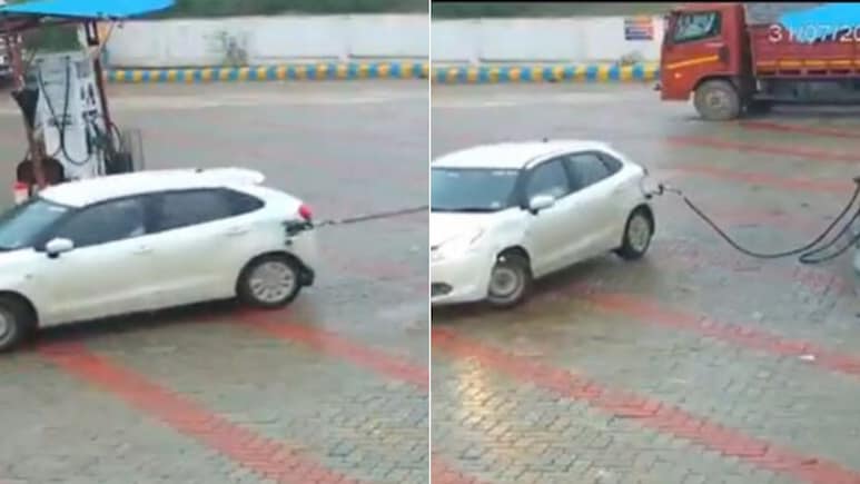 कार का टैंक फुल होते ही बिना पैसे दिए पेट्रोल पंप की नोजल खींचकर तोड़ते हुए भागा शख्स, CCTV में कैद हुई घटना