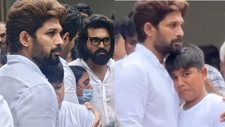 Allu Arjun Consoles Son Ayaan At Grandmother Allu Kanakaratnam's Funeral
