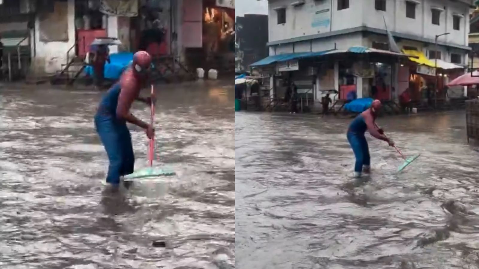 Watch: Mumbai's 'Spider-Man' Wades Through Flooded Roads With Toilet Wiper