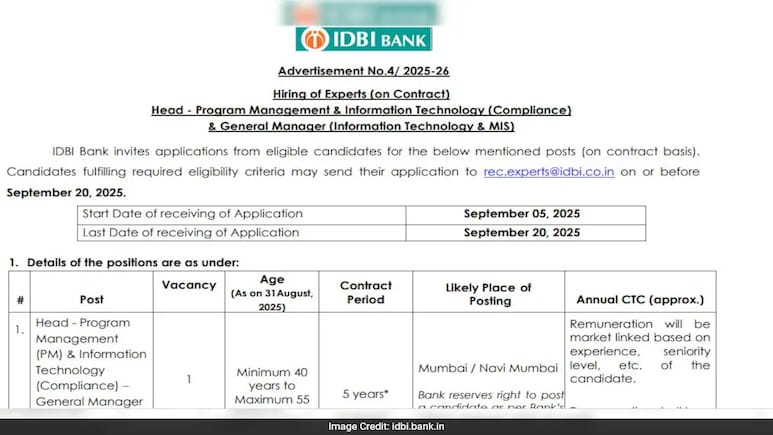 Industrial Development Bank Of India Hiring For Expert Posts, No Written Test Required Industrial Development Bank Of India Hiring For Expert Posts, No Written Test Required